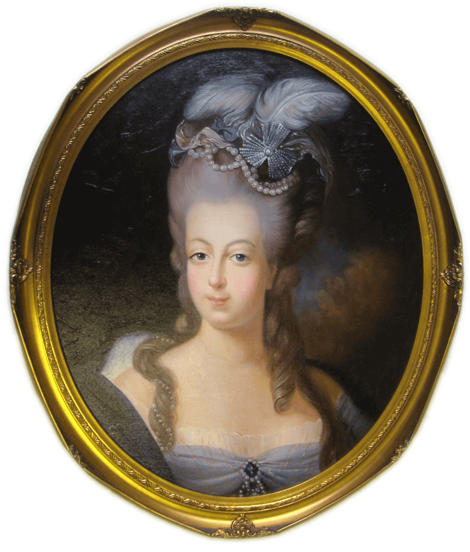 Marie Antoinette reproduction in ornate gold oval frame