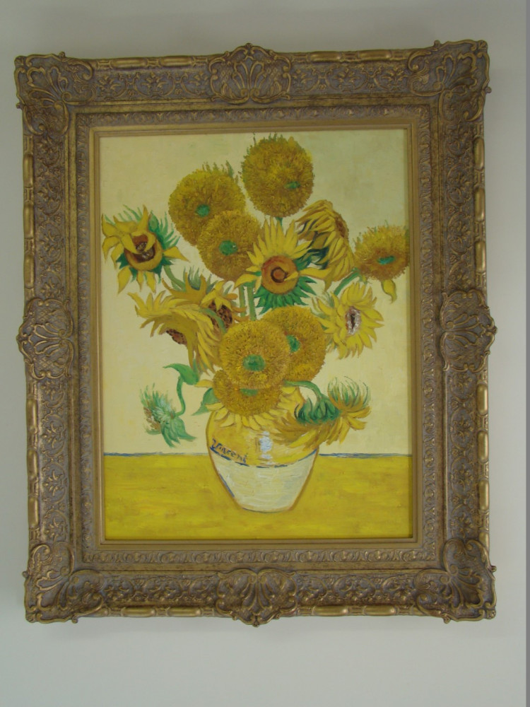 Sunflowers, after van Gogh in antique gold ornate Victorian style swept frame