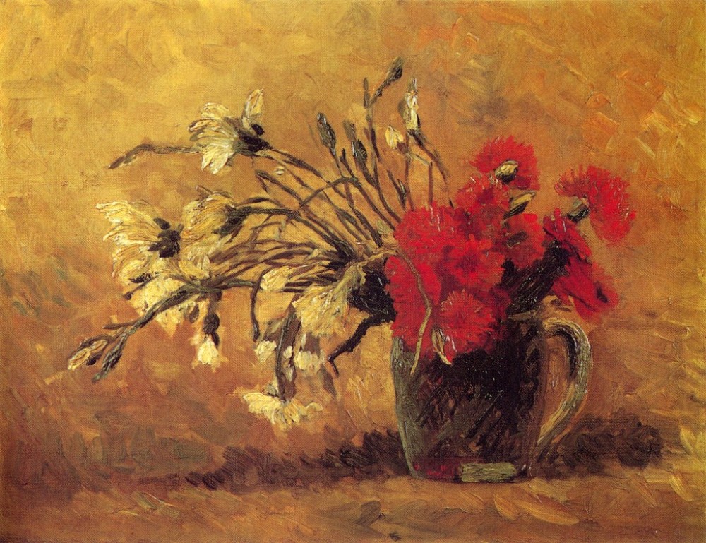 Vase with Red and White Carnations on a Yellow Background by Vincent van Gogh