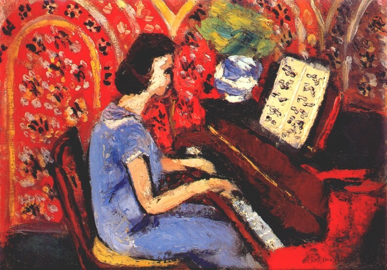 Small Pianist Blue Dress Red Background by Henri-Émile-Benoît Matisse