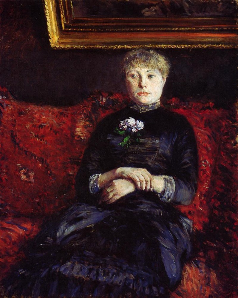 Woman Sitting on a Red Flowered Sofa by Gustave Caillebotte