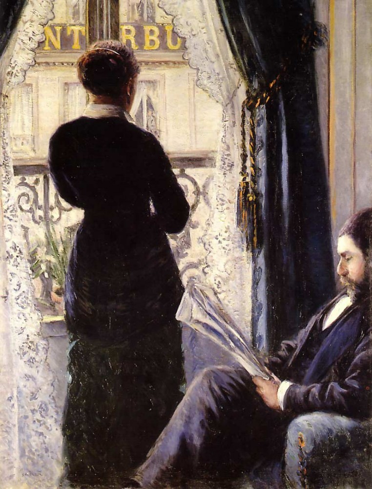 Male and Female Portrait at window by Gustave Caillebotte