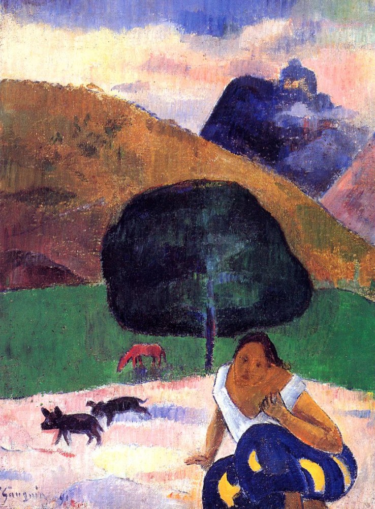 Landscape With Black Pigs And A Crouching Tahitian by Eugène Henri Paul Gauguin