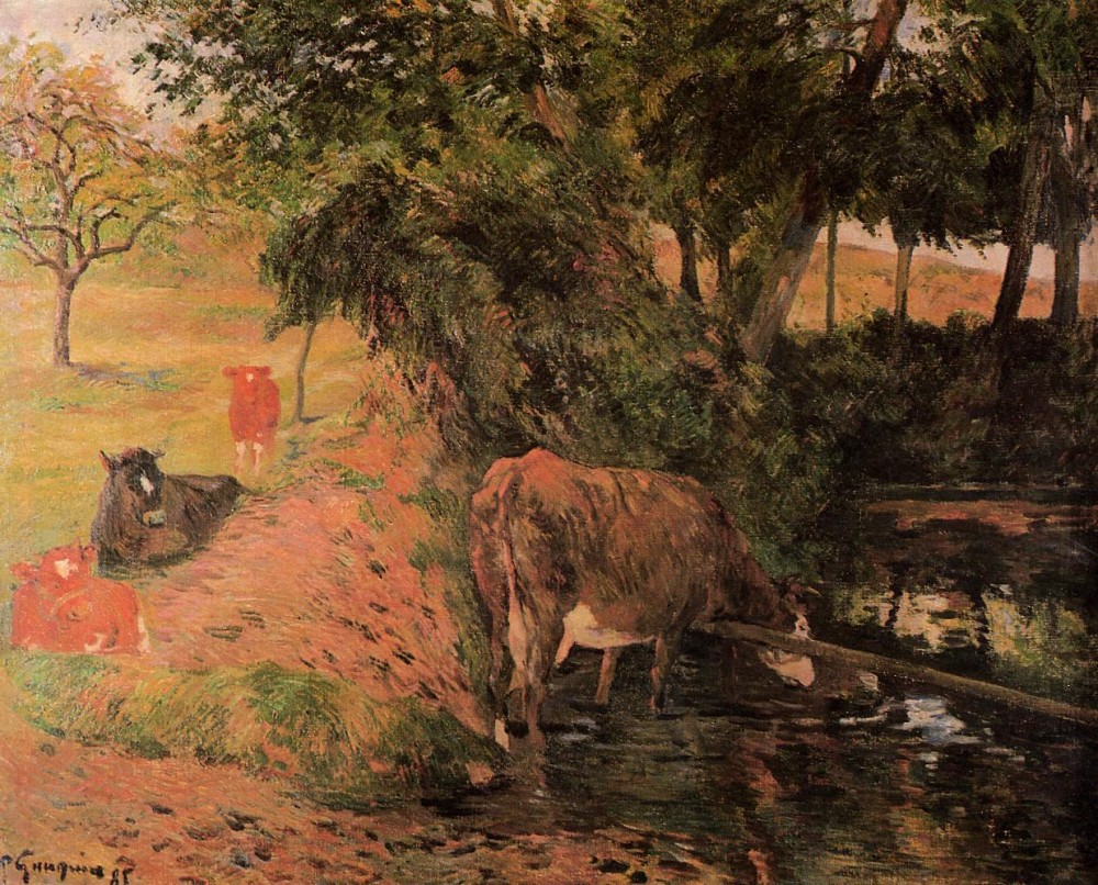 Landscape With Cows In An Orchard by Eugène Henri Paul Gauguin