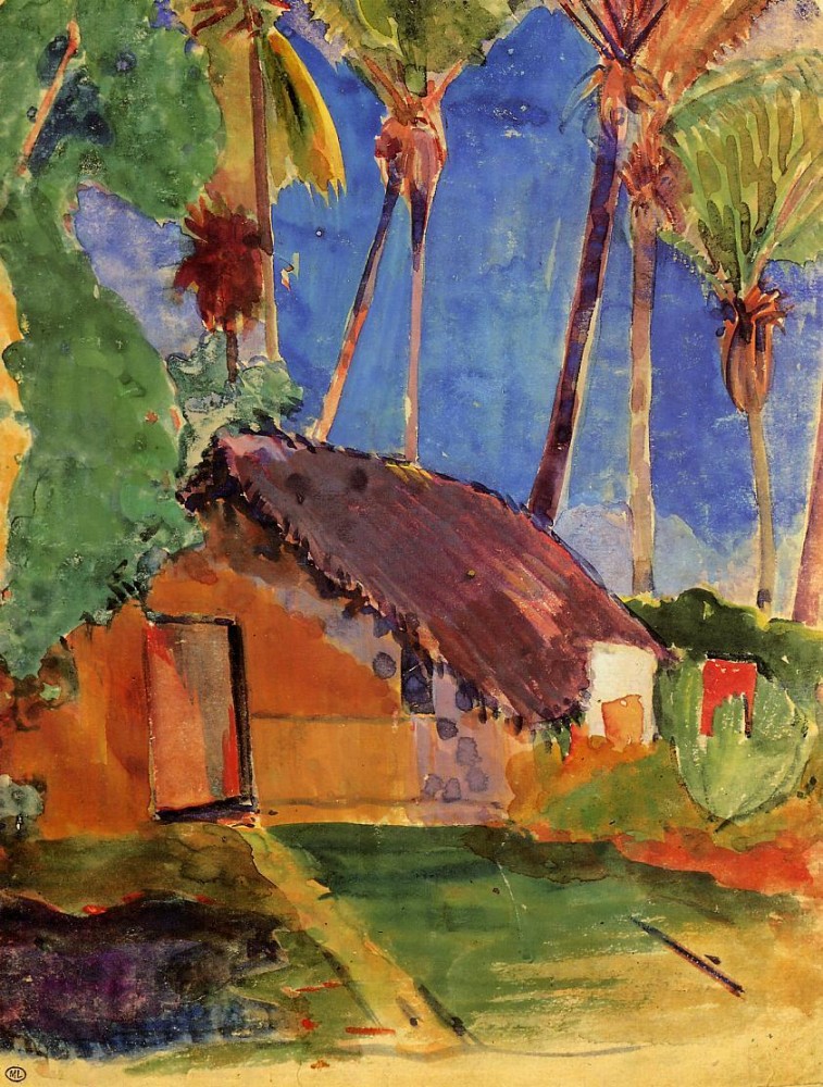 Thatched Hut Under Palm Trees by Eugène Henri Paul Gauguin