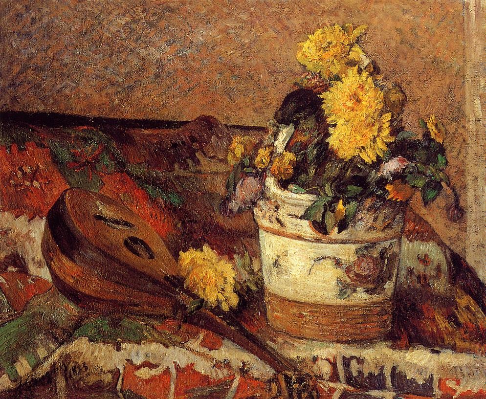 Dahlias And Mandolin by Eugène Henri Paul Gauguin