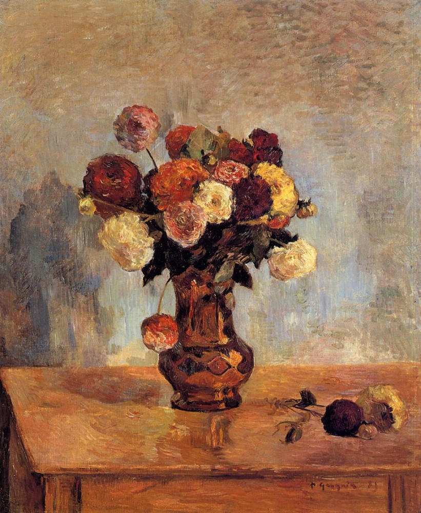 Dahlias In A Copper Vase by Eugène Henri Paul Gauguin