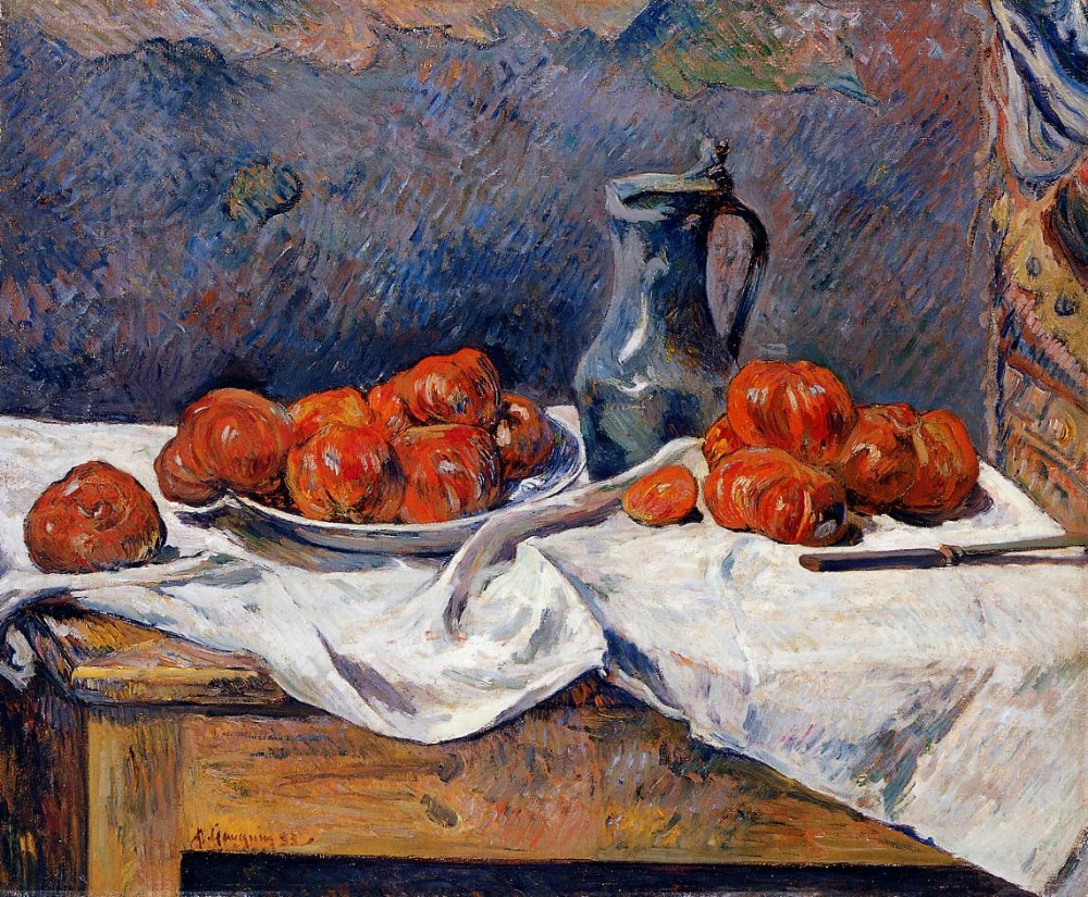 Tomatoes And A Pewter Tankard On A Table by Eugène Henri Paul Gauguin