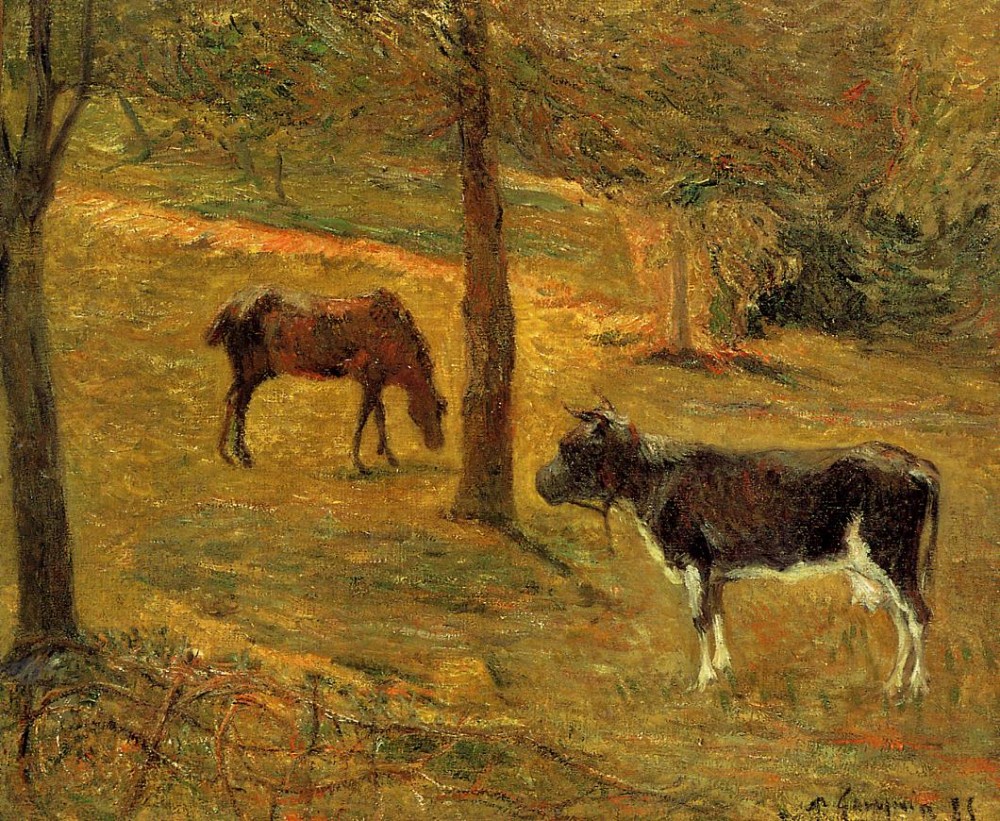 Horse And Cow In A Field by Eugène Henri Paul Gauguin