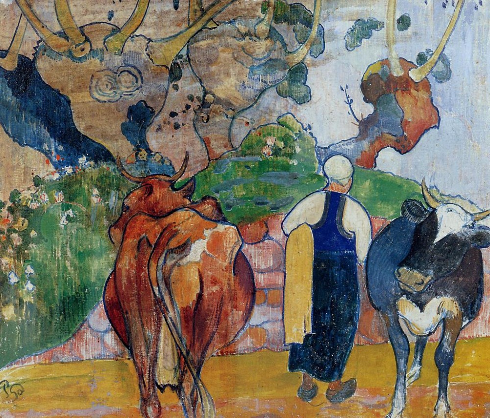 Peasant Woman And Cows In A Landscape by Eugène Henri Paul Gauguin