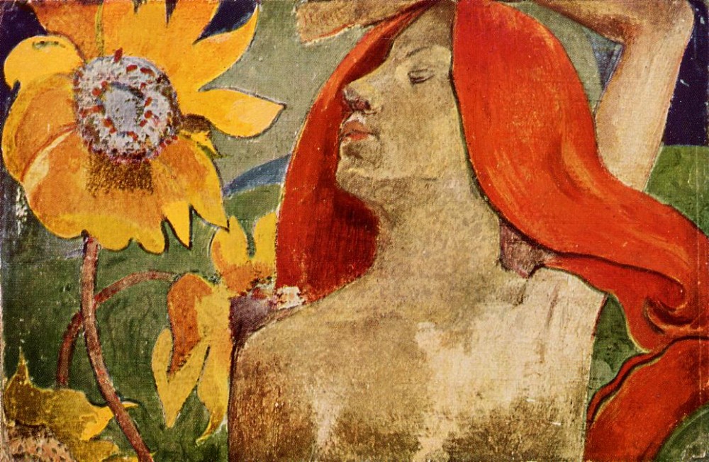 Redheaded Woman And Sunflowers by Eugène Henri Paul Gauguin