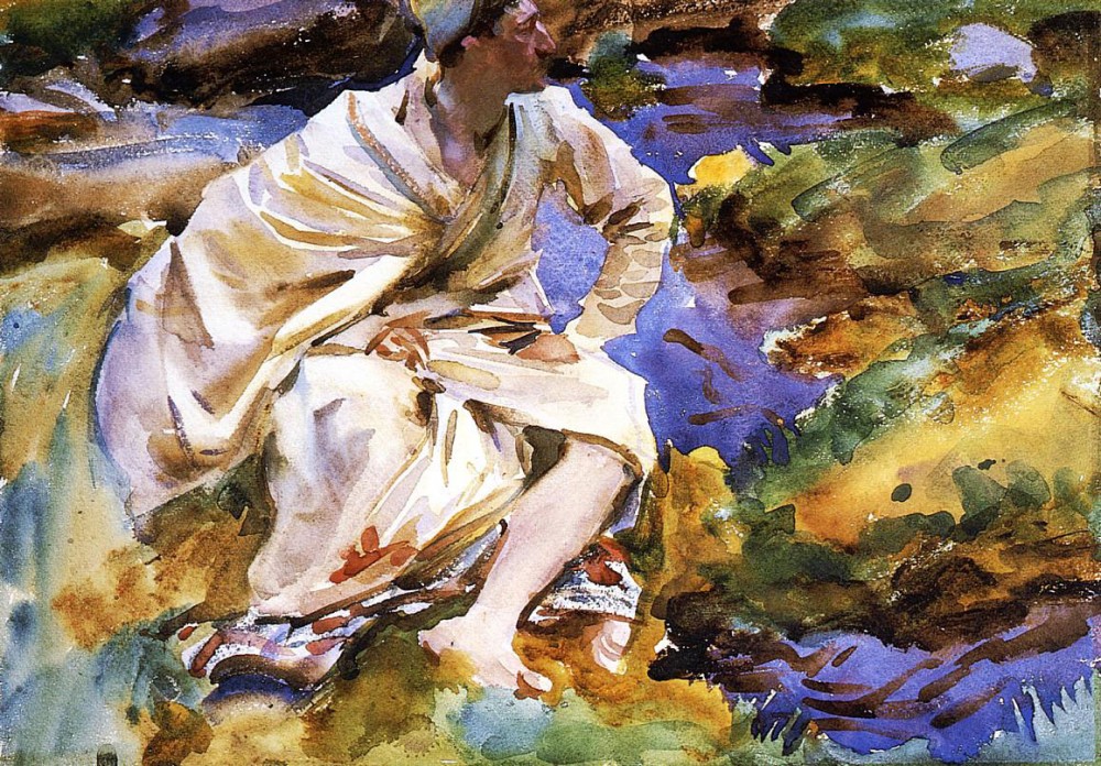 A Man Seated by a Stream Val d-Aosta Purtud by John Singer Sargent