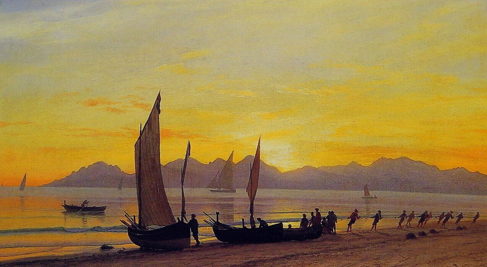 Boats Ashore At Sunset by Albert Bierstadt