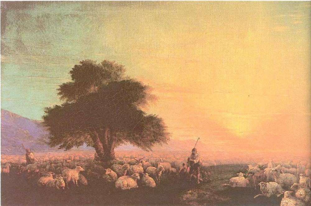 Flock Of Sheep With Herdsmen, Sunset by Ivan Konstantinovich Aivazovsky