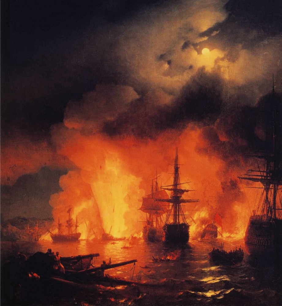 Battle of Ã‡esme at Night by Ivan Konstantinovich Aivazovsky
