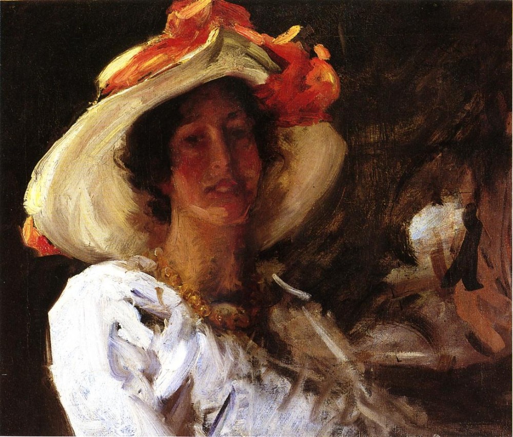 Portrait of Clara Stephens Wearing a Hat with an Orange Ribbon by William Merritt Chase