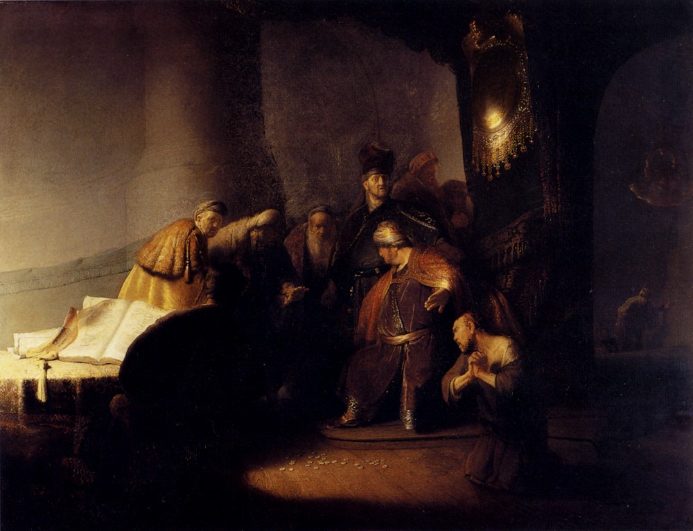 Repentant Judas Returning The Pieces Of Silver by Rembrandt Harmenszoon van Rijn