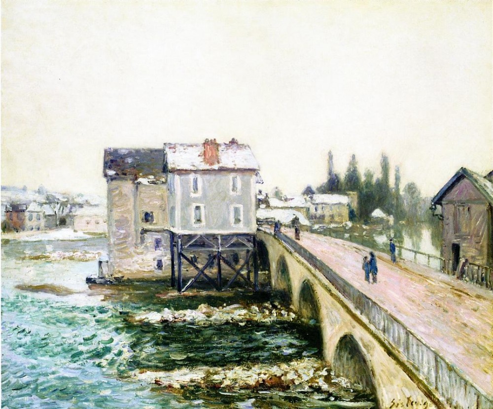 The Bridge and Mills of Moret, Winter's Effect by Alfred Sisley