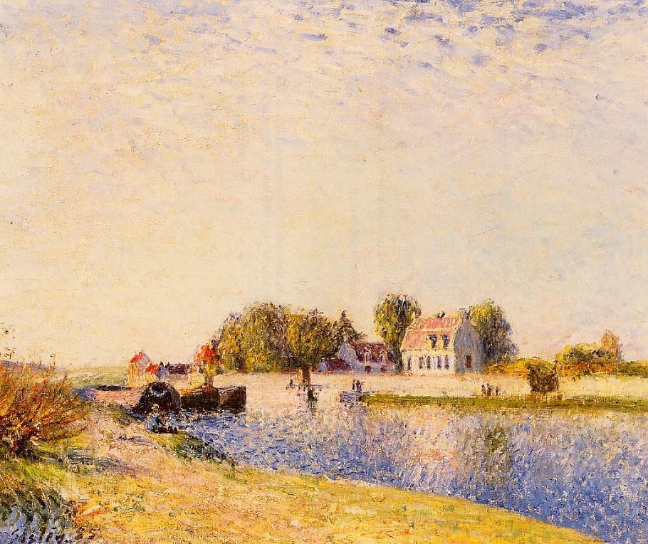 The Dam on the Loig, Barges by Alfred Sisley