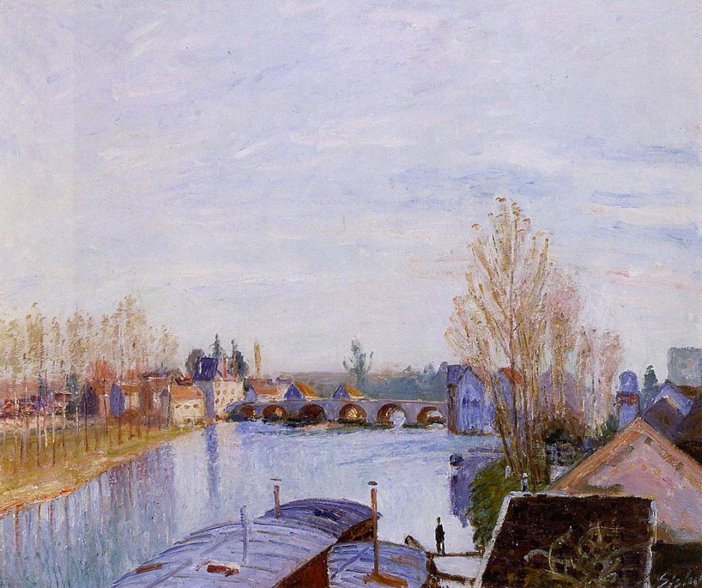 The Loing at Moret, the Laundry Boat by Alfred Sisley