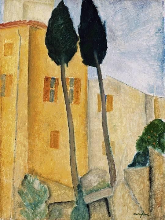 Cypress Trees and Houses, Midday Landscape by Amedeo  Modigliani