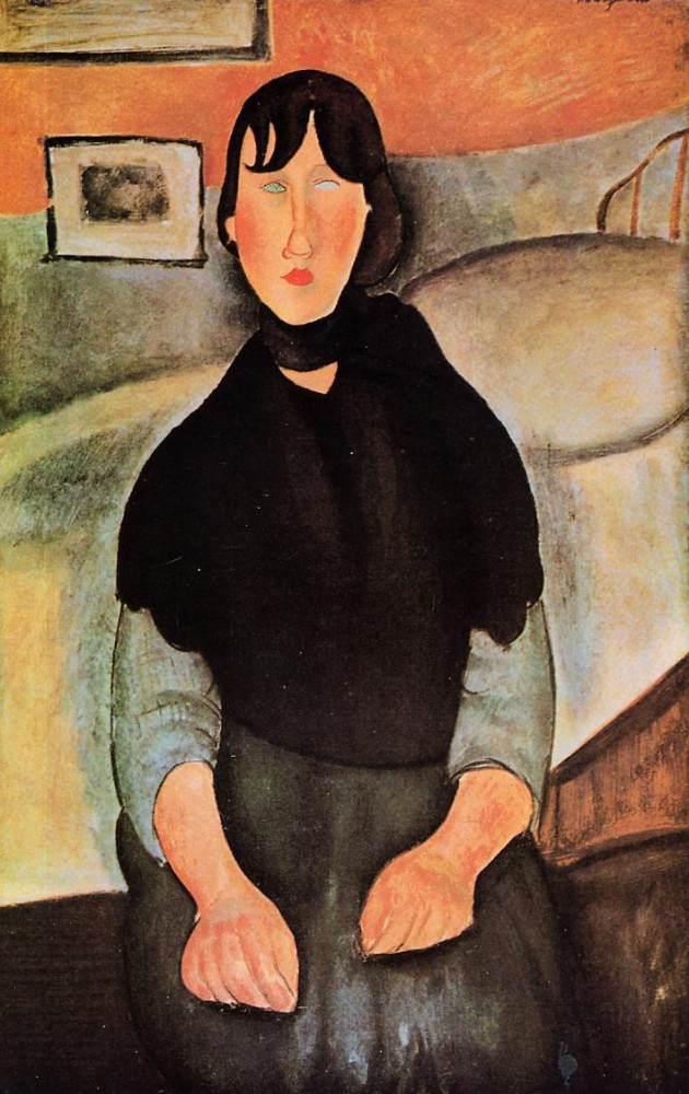 Dark Young Woman Seated by a Bed by Amedeo  Modigliani