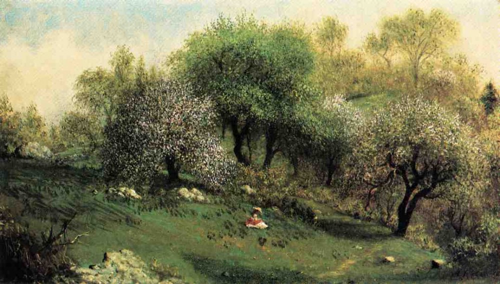 Girl On A Hillside Apple Blossoms by Martin Johnson Heade