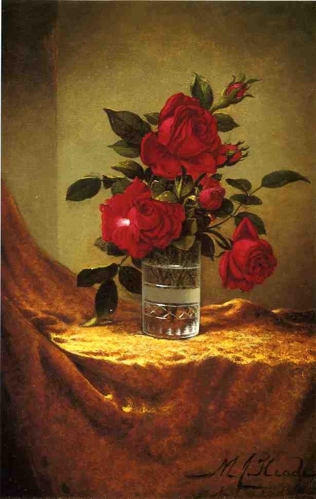A Glass Of Roses On Gold Cloth by Martin Johnson Heade
