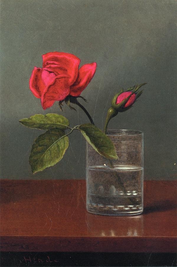 Red Rose And Bud In A Tumbler On A Shiny Table by Martin Johnson Heade