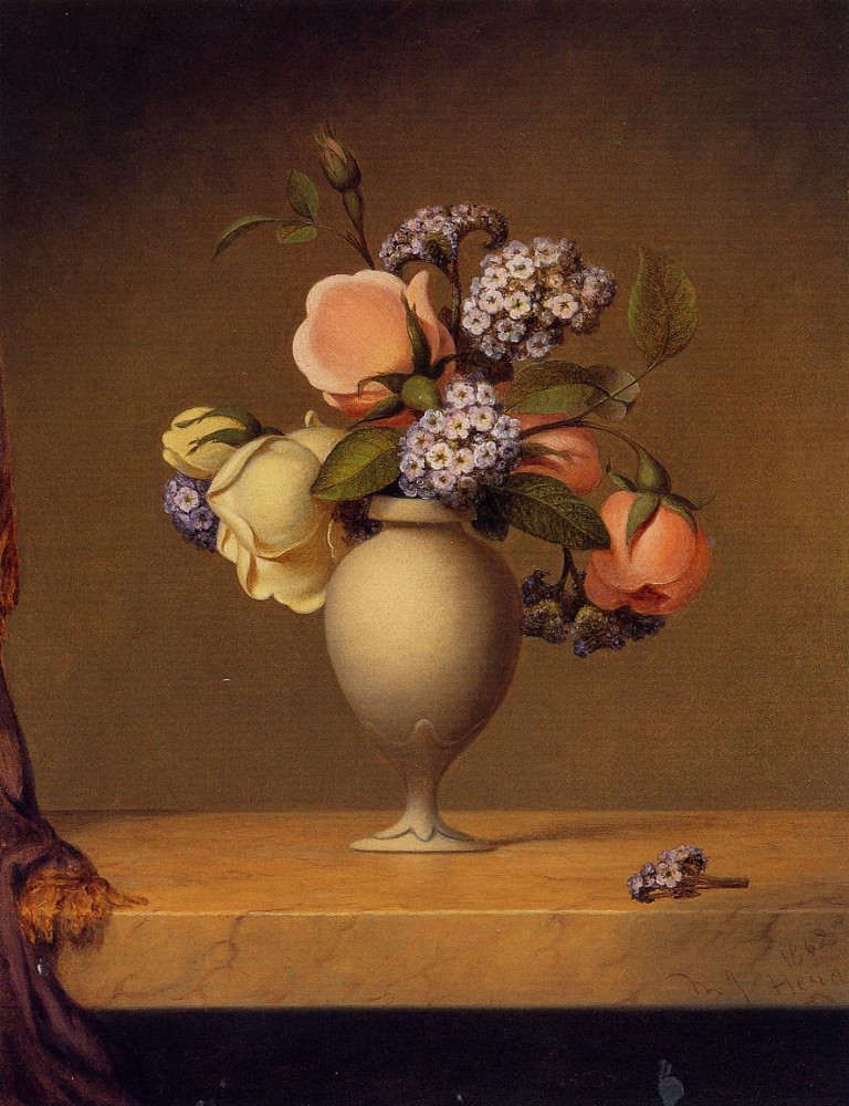 Roses And Heliotrope In A Vase On A Marble Tabletop by Martin Johnson Heade