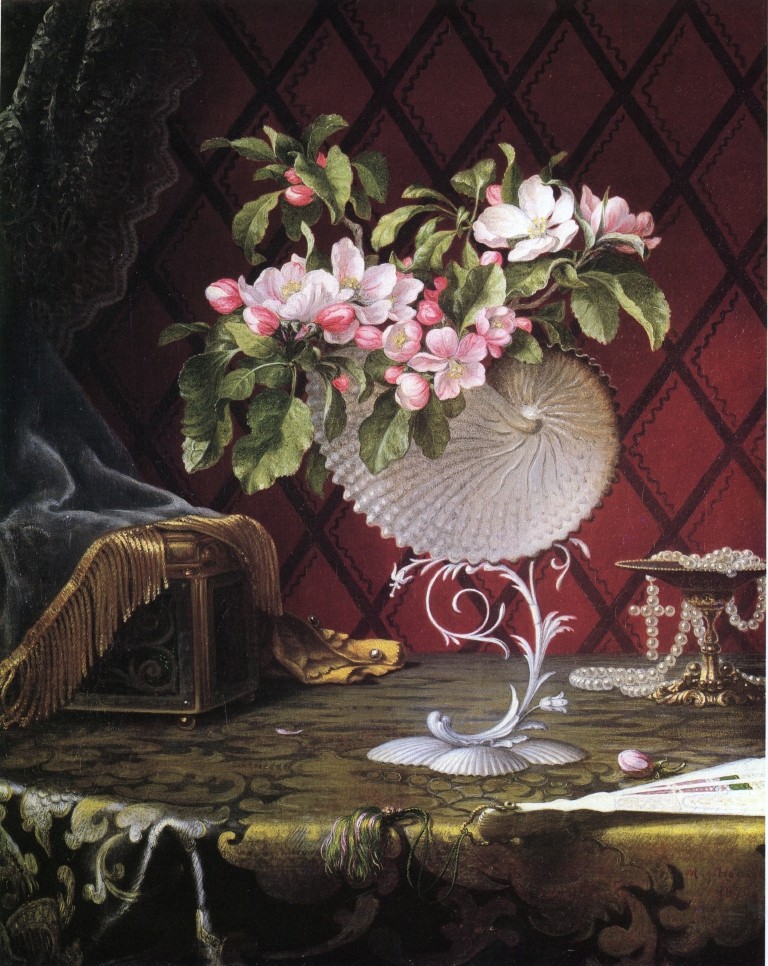 Still Life With Apple Blossoms In A Nautilus Shell by Martin Johnson Heade