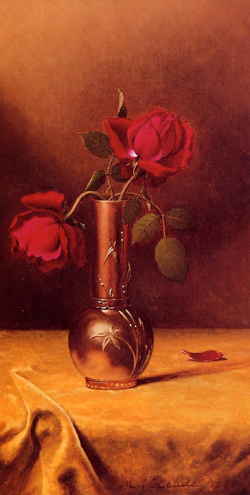 To Red Roses In A Bronze Vase by Martin Johnson Heade