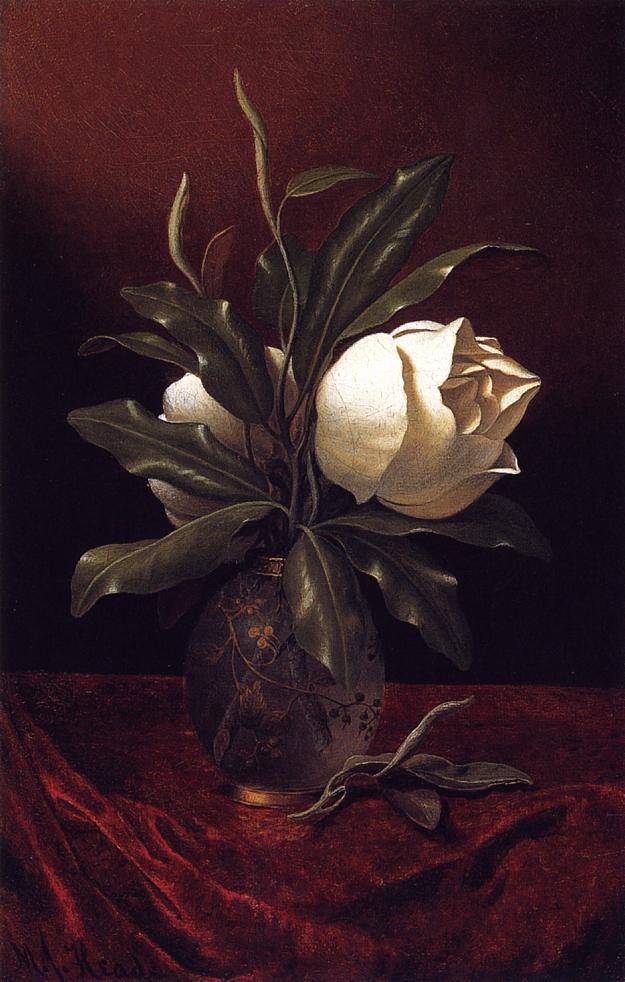Two Magnolia Blossoms In A Glass Vase by Martin Johnson Heade