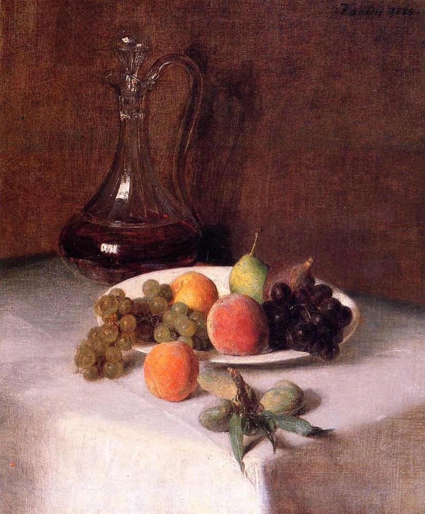 A Carafe of Wine and Plate of Fruit on a White Tablecloth by Henri Fantin-Latour
