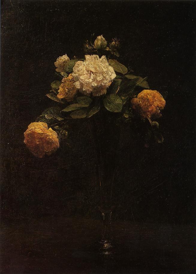 White and Yellow Roses in a Tall Vase by Henri Fantin-Latour