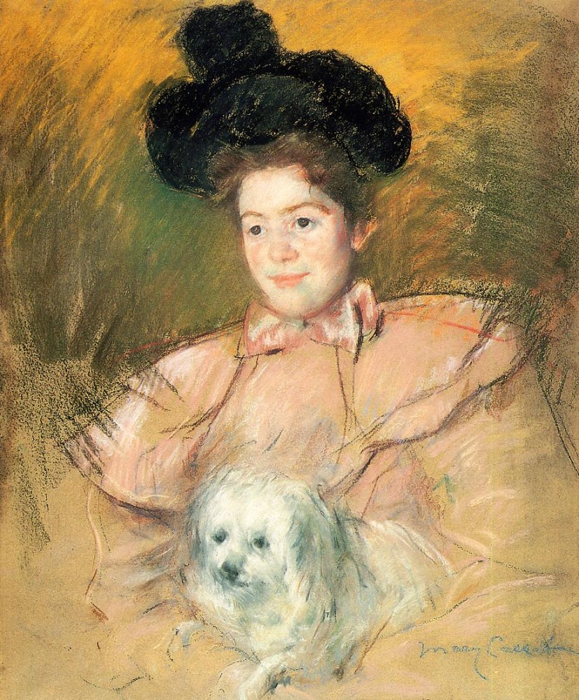 Woman in Raspberry Costume Holding a Dog by Mary Stevenson Cassatt