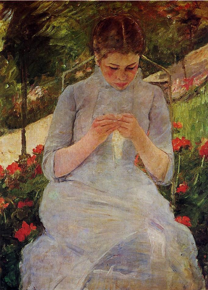 Young Woman Sewing in a Garden by Mary Stevenson Cassatt