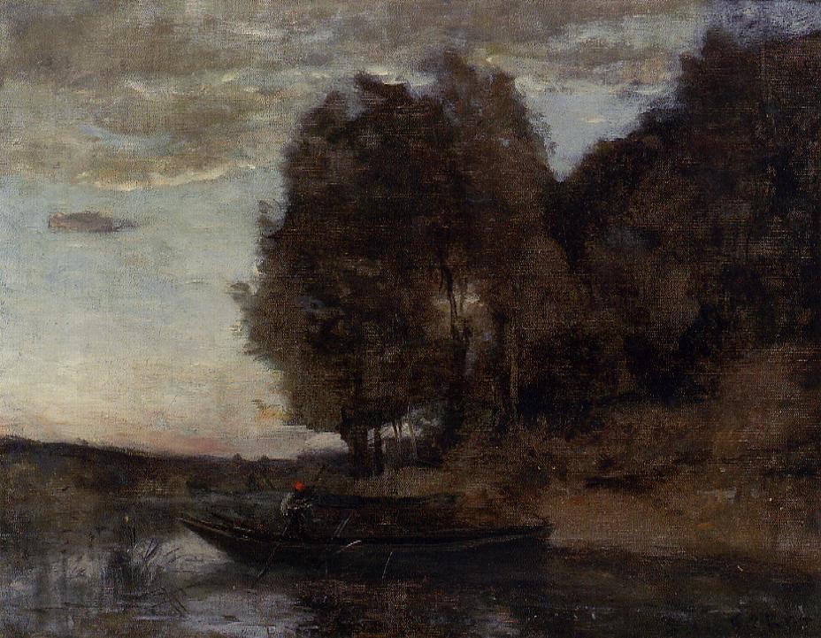 Fisherman Boating along a Wooded Landscape by Jean-Baptiste-Camille Corot