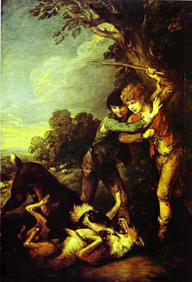 Two Shepherd Boys With Dogs Fighting by Thomas Gainsborough