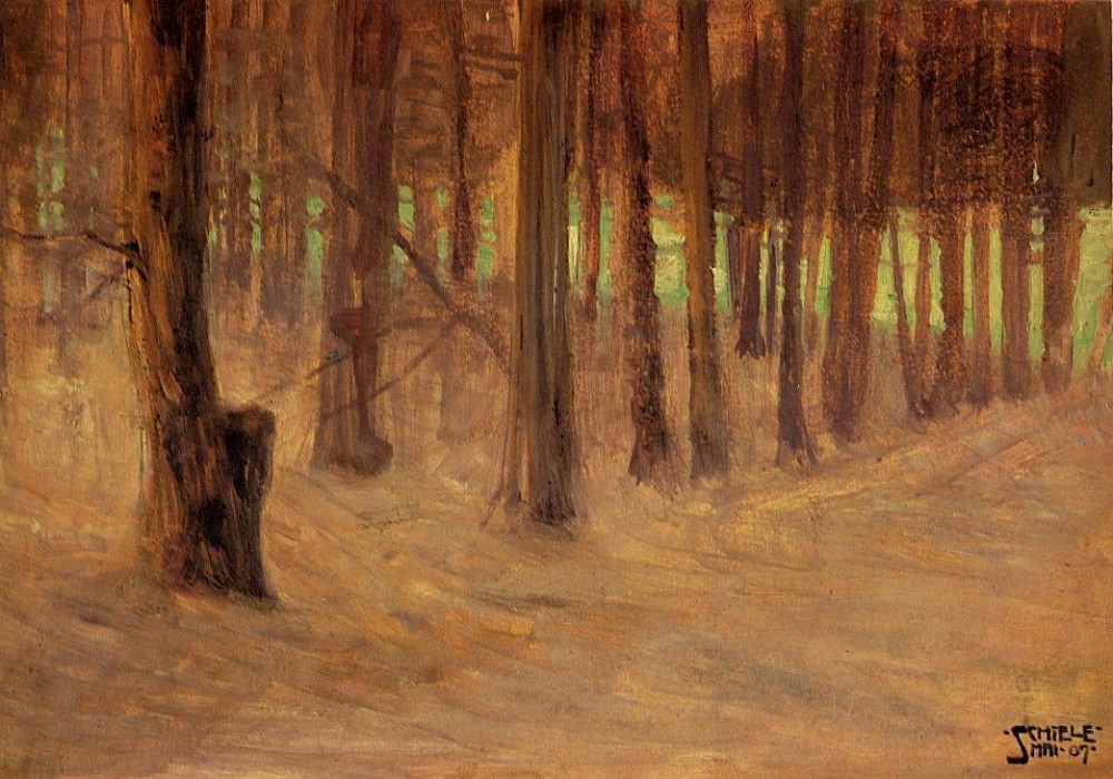 Forest With Sunlit Clearing In The Background by Egon Schiele