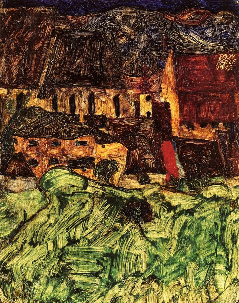 Meadow, Church and Houses by Egon Schiele
