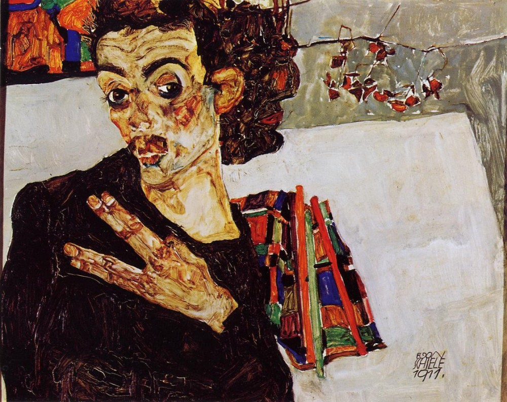 Self Portrait with Black Vase and Spread Fingers by Egon Schiele