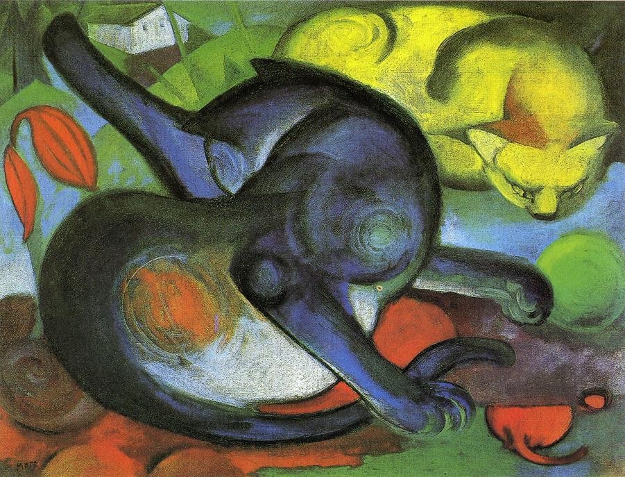 Two Cats Blue And Yellow by Franz Marc
