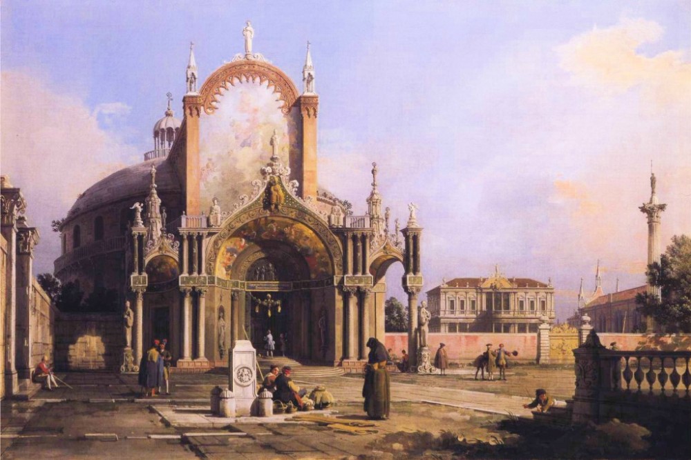 Capriccio Of A Round Church With An Elaborate Gothic Portico In A Piazza A Palladian Piazza And A Gothic Church Below by Giovanni Antonio Canal