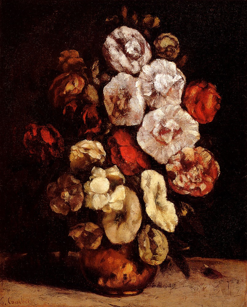 Hollyhocks In A Copper Bowl by Jean Désiré Gustave Courbet