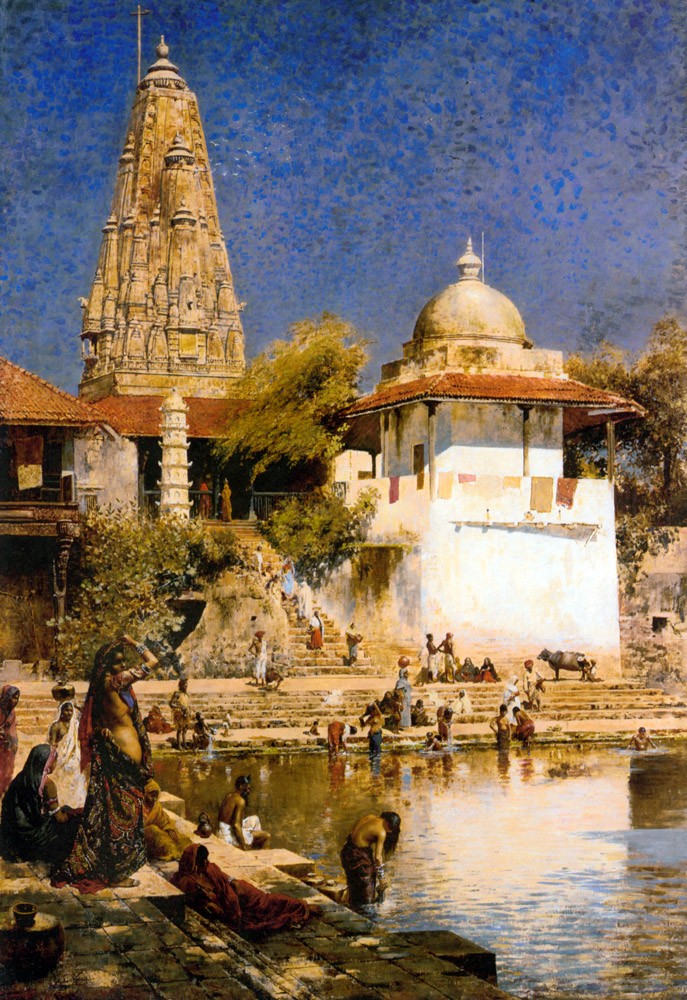 Ediwn Lord The Temple and Tank of Walkeschwar at Bombay Oil On Canvas by Edwin Lord Weeks