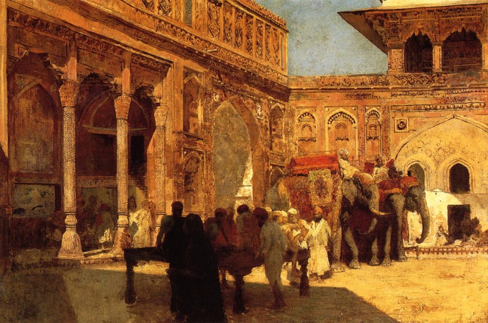Elephants and Figures in a Courtyard Fort Agra by Edwin Lord Weeks