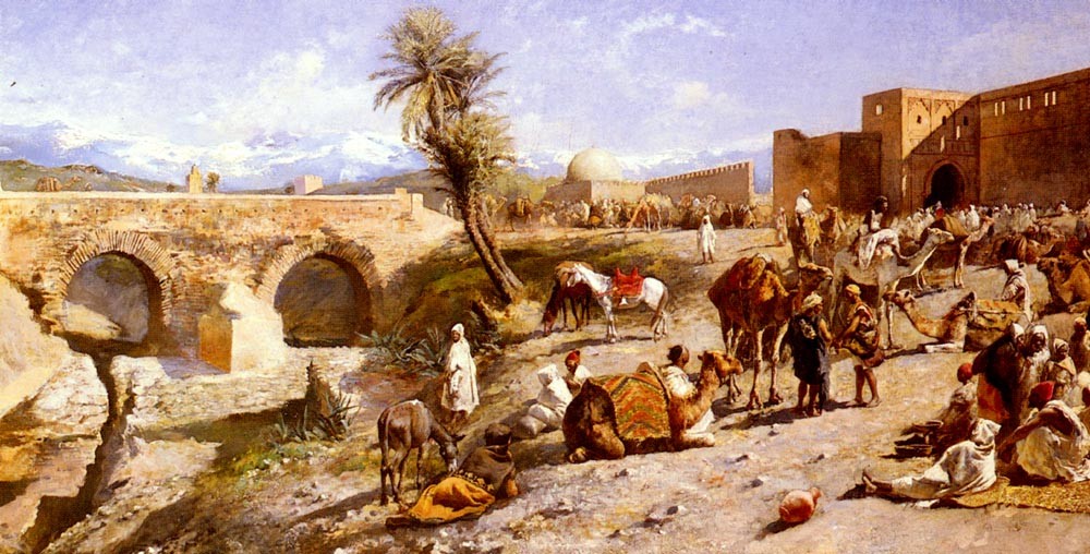 The Arrival Of A Caravan Outside Marakesh by Edwin Lord Weeks