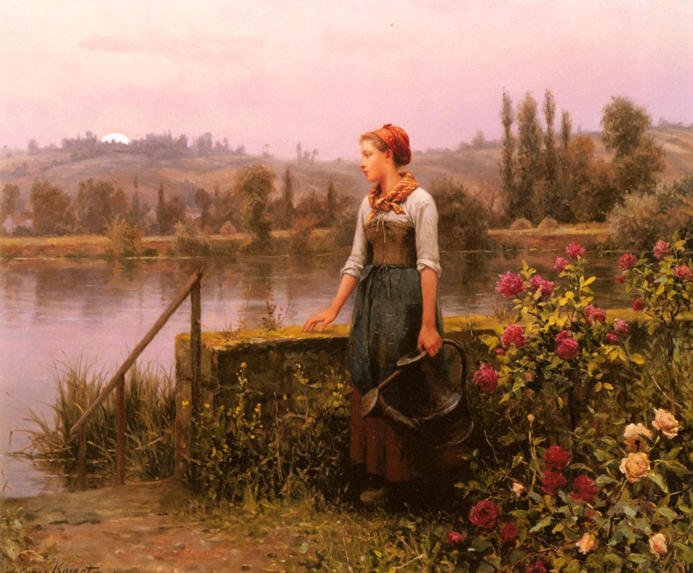 A Woman With A Watering Can By The River by Daniel Ridgway Knight