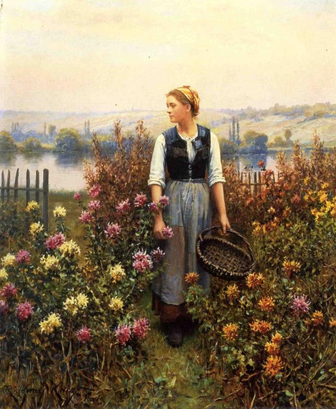 Girl with a Basket in a Garden by Daniel Ridgway Knight